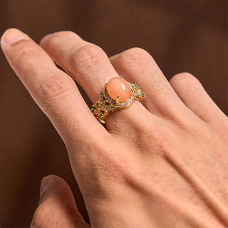 Buddha Gift Vintage Prong Setting Four Leaf Flower Design Peach Moonstone Adjustable Soothing Ring