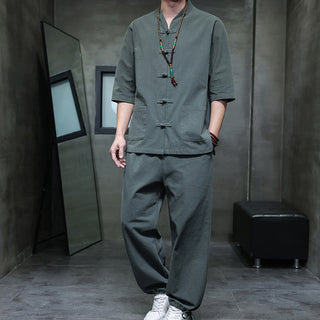 Buddha Gift 2Pcs Tang Suit Frog-Button Design Shirt Pants With Pockets Men's Cotton Linen Meditation Cloth Set