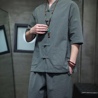 Buddha Gift 2Pcs Tang Suit Frog-Button Design Shirt Pants With Pockets Men's Cotton Linen Meditation Cloth Set