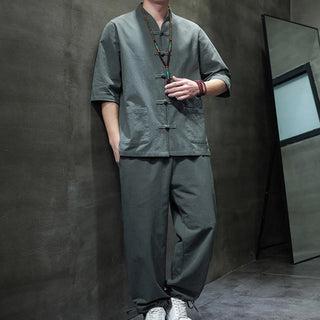 Buddha Gift 2Pcs Tang Suit Frog-Button Design Shirt Pants With Pockets Men's Cotton Linen Meditation Cloth Set