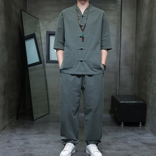 Buddha Gift 2Pcs Tang Suit Frog-Button Design Shirt Pants With Pockets Men's Cotton Linen Meditation Cloth Set