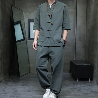 Buddha Gift 2Pcs Tang Suit Frog-Button Design Shirt Pants With Pockets Men's Cotton Linen Meditation Cloth Set