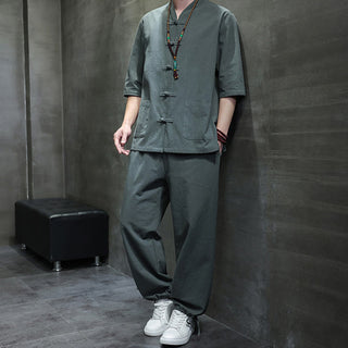 Buddha Gift 2Pcs Tang Suit Frog-Button Design Shirt Pants With Pockets Men's Cotton Linen Meditation Cloth Set