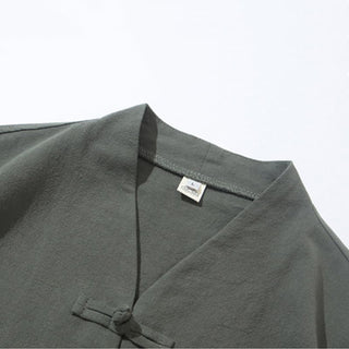 Buddha Gift 2Pcs Tang Suit Frog-Button Design Shirt Pants With Pockets Men's Cotton Linen Meditation Cloth Set