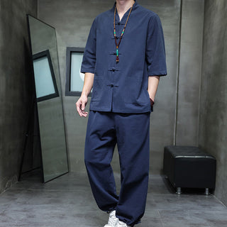 Buddha Gift 2Pcs Tang Suit Frog-Button Design Shirt Pants With Pockets Men's Cotton Linen Meditation Cloth Set