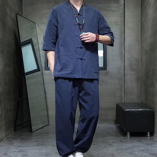 Buddha Gift 2Pcs Tang Suit Frog-Button Design Shirt Pants With Pockets Men's Cotton Linen Meditation Cloth Set