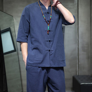 Buddha Gift 2Pcs Tang Suit Frog-Button Design Shirt Pants With Pockets Men's Cotton Linen Meditation Cloth Set