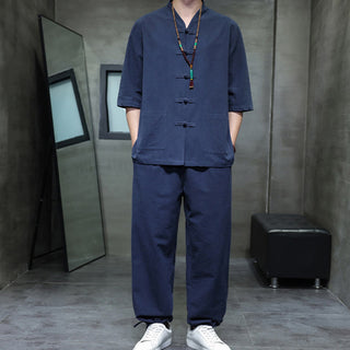 Buddha Gift 2Pcs Tang Suit Frog-Button Design Shirt Pants With Pockets Men's Cotton Linen Meditation Cloth Set