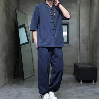 Buddha Gift 2Pcs Tang Suit Frog-Button Design Shirt Pants With Pockets Men's Cotton Linen Meditation Cloth Set