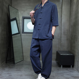 Buddha Gift 2Pcs Tang Suit Frog-Button Design Shirt Pants With Pockets Men's Cotton Linen Meditation Cloth Set