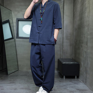 Buddha Gift 2Pcs Tang Suit Frog-Button Design Shirt Pants With Pockets Men's Cotton Linen Meditation Cloth Set