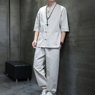 Buddha Gift 2Pcs Tang Suit Frog-Button Design Shirt Pants With Pockets Men's Cotton Linen Meditation Cloth Set