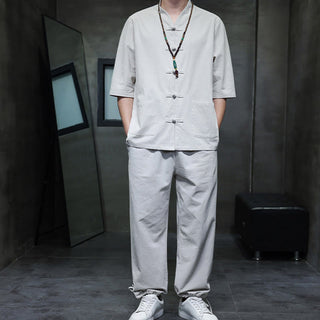 Buddha Gift 2Pcs Tang Suit Frog-Button Design Shirt Pants With Pockets Men's Cotton Linen Meditation Cloth Set