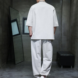 Buddha Gift 2Pcs Tang Suit Frog-Button Design Shirt Pants With Pockets Men's Cotton Linen Meditation Cloth Set