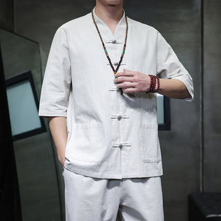 Buddha Gift 2Pcs Tang Suit Frog-Button Design Shirt Pants With Pockets Men's Cotton Linen Meditation Cloth Set