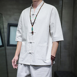 Buddha Gift 2Pcs Tang Suit Frog-Button Design Shirt Pants With Pockets Men's Cotton Linen Meditation Cloth Set