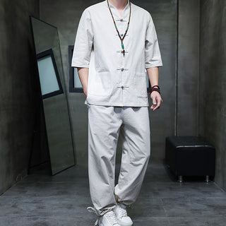 Buddha Gift 2Pcs Tang Suit Frog-Button Design Shirt Pants With Pockets Men's Cotton Linen Meditation Cloth Set