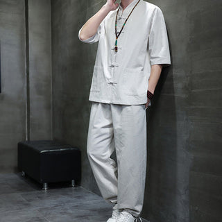 Buddha Gift 2Pcs Tang Suit Frog-Button Design Shirt Pants With Pockets Men's Cotton Linen Meditation Cloth Set