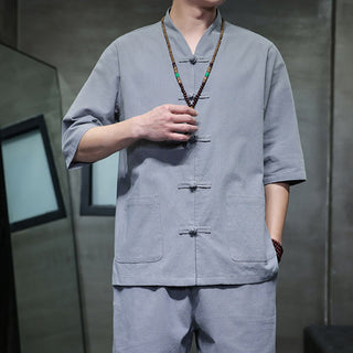 Buddha Gift 2Pcs Tang Suit Frog-Button Design Shirt Pants With Pockets Men's Cotton Linen Meditation Cloth Set