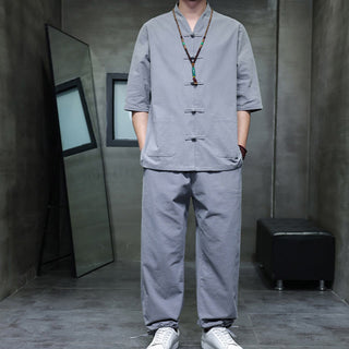 Buddha Gift 2Pcs Tang Suit Frog-Button Design Shirt Pants With Pockets Men's Cotton Linen Meditation Cloth Set