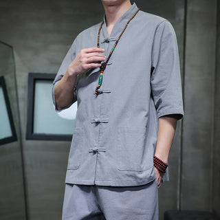 Buddha Gift 2Pcs Tang Suit Frog-Button Design Shirt Pants With Pockets Men's Cotton Linen Meditation Cloth Set