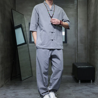 Buddha Gift 2Pcs Tang Suit Frog-Button Design Shirt Pants With Pockets Men's Cotton Linen Meditation Cloth Set