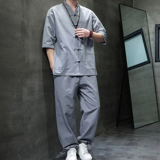 Buddha Gift 2Pcs Tang Suit Frog-Button Design Shirt Pants With Pockets Men's Cotton Linen Meditation Cloth Set