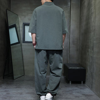 Buddha Gift 2Pcs Tang Suit Frog-Button Design Shirt Pants With Pockets Men's Cotton Linen Meditation Cloth Set