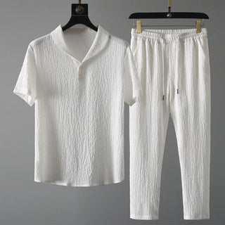 Buddha Gift 2Pcs Solid Color Wrinkle V-Neck Short Sleeve T-shirt Pants Clothing Men's Set