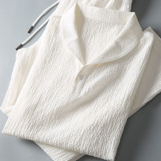 Buddha Gift 2Pcs Solid Color Wrinkle V-Neck Short Sleeve T-shirt Pants Clothing Men's Set