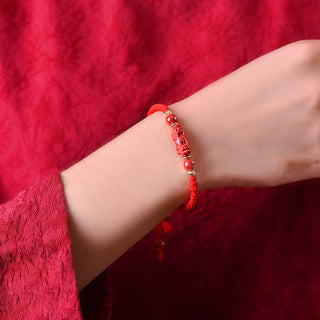 Buddha Gift Handcrafted Pixiu Cinnabar Ruyi Stick Wealth Luck Braided Bracelet