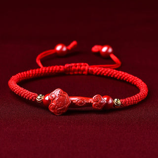Buddha Gift Handcrafted Pixiu Cinnabar Ruyi Stick Wealth Luck Braided Bracelet