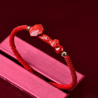 Buddha Gift Handcrafted Pixiu Cinnabar Ruyi Stick Wealth Luck Braided Bracelet