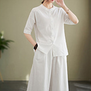 Buddha Gift 2Pcs Casual Solid Color Button Design Half Sleeve Shirt Wide Leg Pants With Pockets Cotton Zen Clothing Women's Set