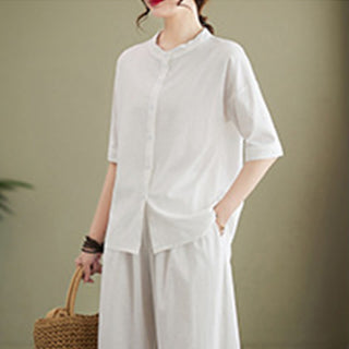 Buddha Gift 2Pcs Casual Solid Color Button Design Half Sleeve Shirt Wide Leg Pants With Pockets Cotton Zen Clothing Women's Set