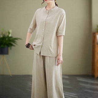 Buddha Gift 2Pcs Casual Solid Color Button Design Half Sleeve Shirt Wide Leg Pants With Pockets Cotton Zen Clothing Women's Set