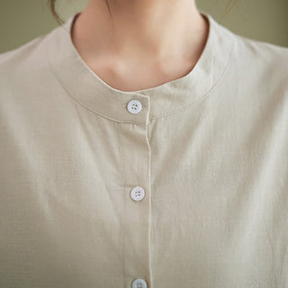 Buddha Gift 2Pcs Casual Solid Color Button Design Half Sleeve Shirt Wide Leg Pants With Pockets Cotton Zen Clothing Women's Set