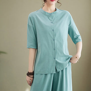 Buddha Gift 2Pcs Casual Solid Color Button Design Half Sleeve Shirt Wide Leg Pants With Pockets Cotton Zen Clothing Women's Set