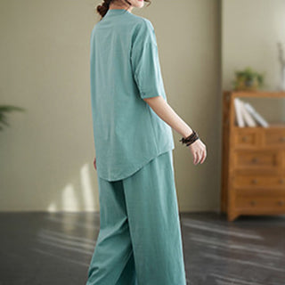 Buddha Gift 2Pcs Casual Solid Color Button Design Half Sleeve Shirt Wide Leg Pants With Pockets Cotton Zen Clothing Women's Set