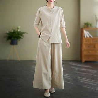Buddha Gift 2Pcs Casual Solid Color Button Design Half Sleeve Shirt Wide Leg Pants With Pockets Cotton Zen Clothing Women's Set
