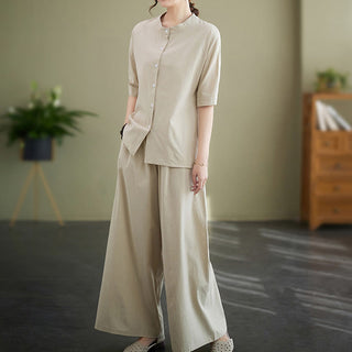 Buddha Gift 2Pcs Casual Solid Color Button Design Half Sleeve Shirt Wide Leg Pants With Pockets Cotton Zen Clothing Women's Set
