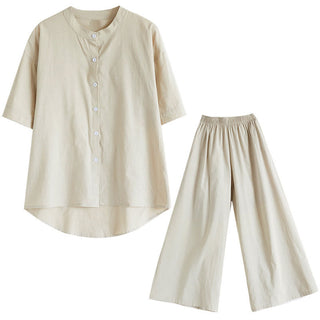 Buddha Gift 2Pcs Casual Solid Color Button Design Half Sleeve Shirt Wide Leg Pants With Pockets Cotton Zen Clothing Women's Set