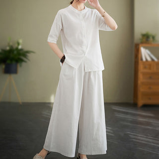 Buddha Gift 2Pcs Casual Solid Color Button Design Half Sleeve Shirt Wide Leg Pants With Pockets Cotton Zen Clothing Women's Set