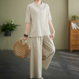 Buddha Gift 2Pcs Casual Solid Color Button Design Half Sleeve Shirt Wide Leg Pants With Pockets Cotton Zen Clothing Women's Set