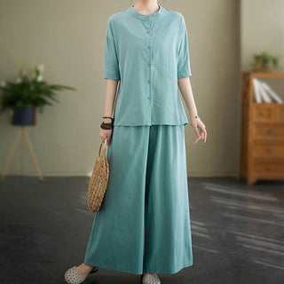 Buddha Gift 2Pcs Casual Solid Color Button Design Half Sleeve Shirt Wide Leg Pants With Pockets Cotton Zen Clothing Women's Set
