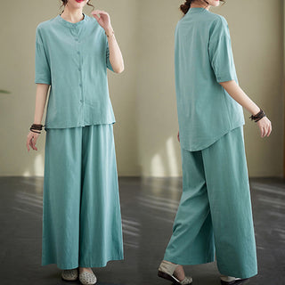 Buddha Gift 2Pcs Casual Solid Color Button Design Half Sleeve Shirt Wide Leg Pants With Pockets Cotton Zen Clothing Women's Set