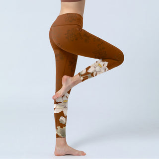 Buddha Gift Brown White Lotus Flower Print Gym Leggings Women's Yoga Pants