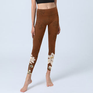 Buddha Gift Brown White Lotus Flower Print Gym Leggings Women's Yoga Pants
