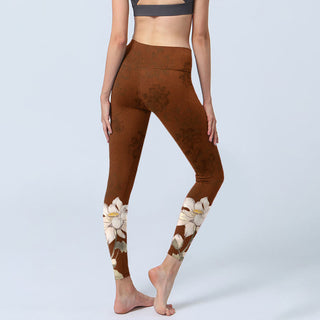 Buddha Gift Brown White Lotus Flower Print Gym Leggings Women's Yoga Pants