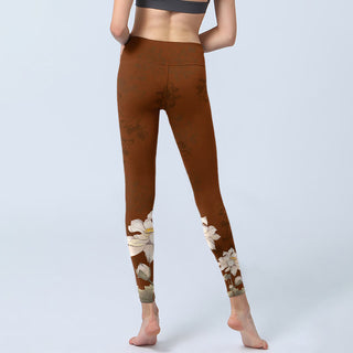 Buddha Gift Brown White Lotus Flower Print Gym Leggings Women's Yoga Pants
